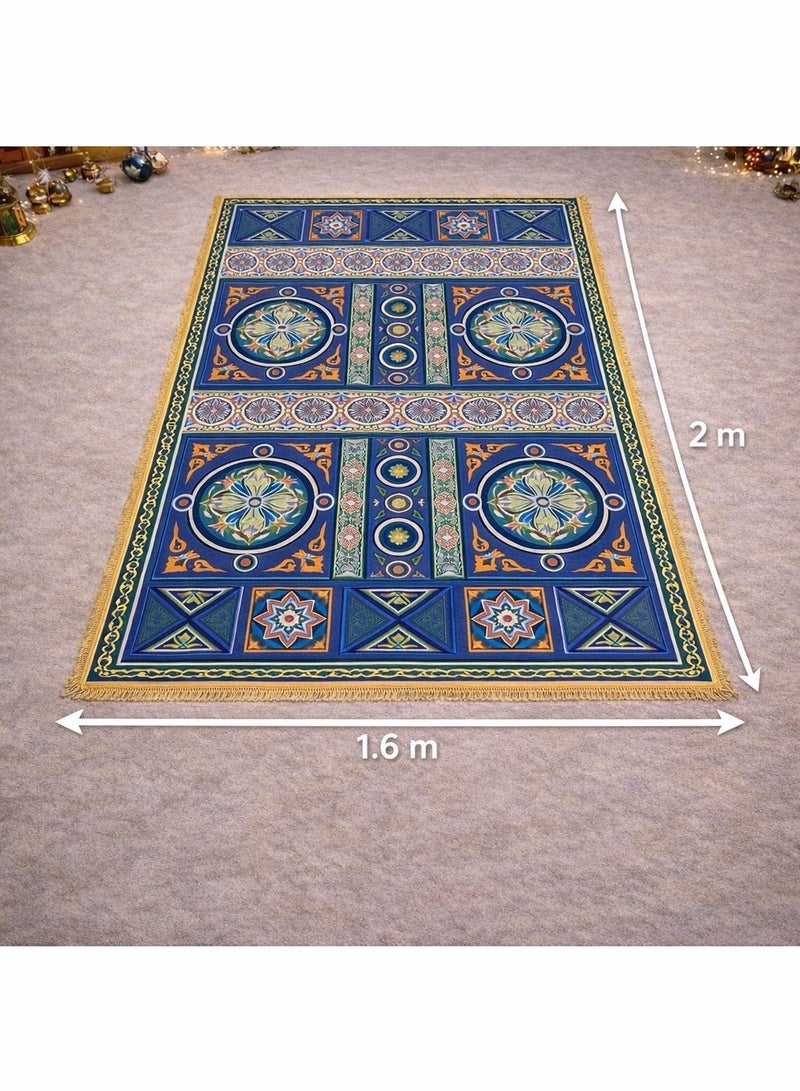 Blue Ramadan Khayamiya Fabric Table Cover – Unique Prints – 1.6 × 2 M